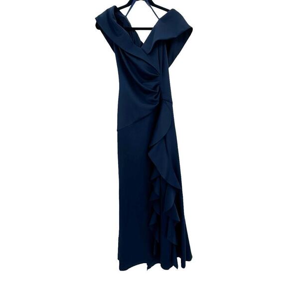 XSCAPE Ruffle Off the Shoulder Scuba Knit Gown Midnight Blue Size 12 NWOT - Picture 6 of 11